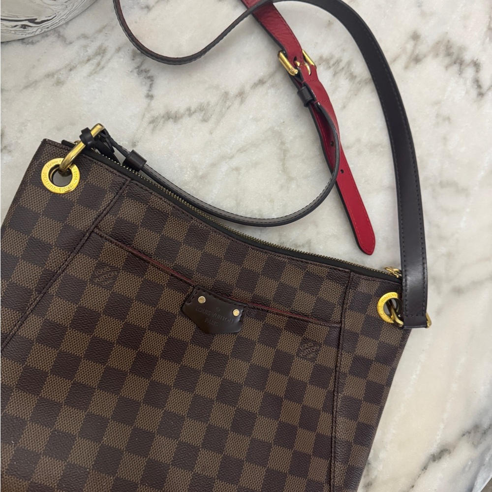 Louis Vuitton Brown Checkered Shoulder Bag with Gold Accents